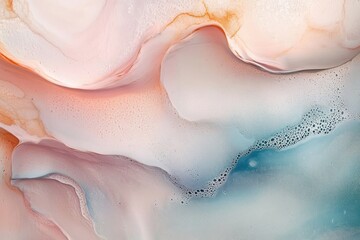 Fototapeta premium Soft flowing abstract pattern with gentle gradients of pink, orange, and blue blending seamlessly with bubbly textures creating a calm and ethereal atmosphere