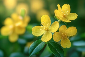 Obraz premium Close-up of vibrant yellow flowers with delicate petals and green leaves, surrounded by blurred yellow blooms in soft natural light