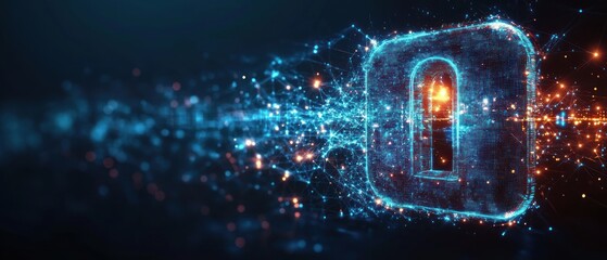 Digital glowing padlock formed by connected blue and orange data points representing cybersecurity and data protection in a futuristic network environment