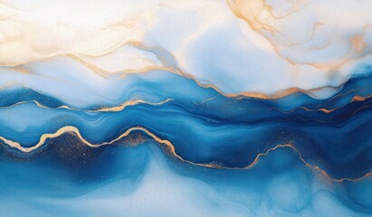 Abstract fluid art with flowing blue waves and gold accents creating a smooth, calming, and elegant visual effect resembling water and sky