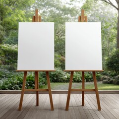 Two blank canvases on wooden easels standing side by side on wooden floor with natural green garden background
