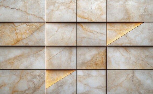 Decorative wall featuring beige stone tiles with natural veins and subtle golden light glowing through triangular gaps, creating a modern and warm atmosphere
