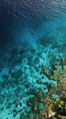 Obraz premium An aerial shot of a vibrant, turquoise-colored ocean meeting rocky shores. The varying hues of blue blend into the rugged coastline. Natural, serene scene
