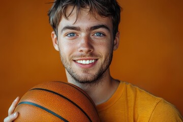 young man smiling with bright blue eyes holding a basketball against an orange background