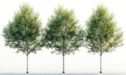 Three slender green trees with thin white trunks standing evenly spaced against a plain white background, evoking calm and simplicity