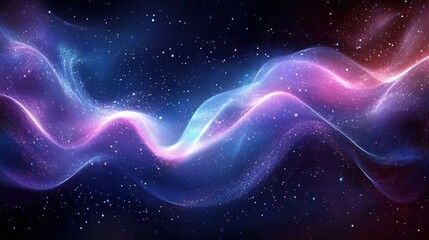 Flowing translucent ribbon of pink and blue light waves against a dark starry background creating a cosmic and ethereal atmosphere