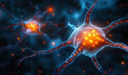 Close-up 3D visualization of glowing neurons with multiple dendrites and synaptic connections in a dark neural network environment