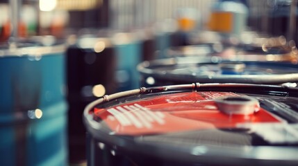 A row of industrial barrels with a close-up of one with a red label and tape.