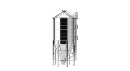 Shiny metal grain silo with ladder isolated on transparent background