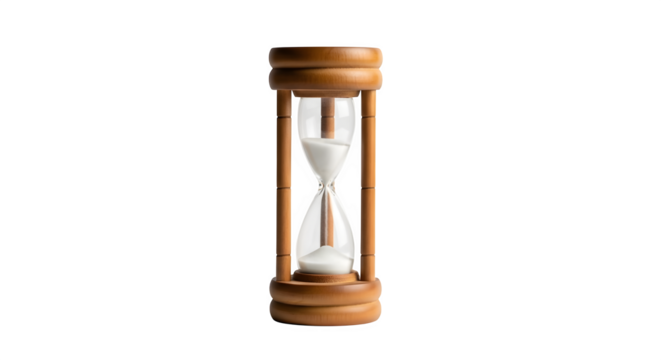 Sand clock with white sand isolated on transparent background, time is running out