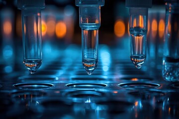 Close-up of multiple pipette tips dispensing liquid into a multi-well plate with blue and orange lighting creating a scientific and futuristic atmosphere