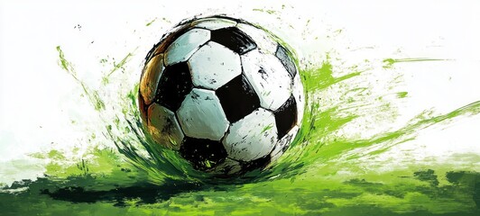 Dynamic illustration of a black and white soccer ball splashing vibrant green paint on a white background, symbolizing energy and motion in sports