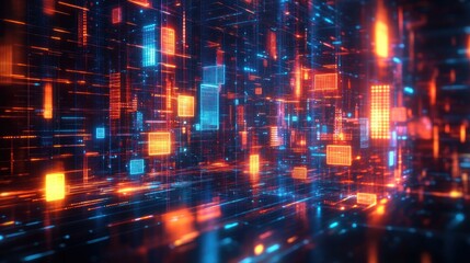 Abstract digital cityscape with glowing blue and orange rectangular blocks connected by a network of fine lines, creating a futuristic and dynamic atmosphere