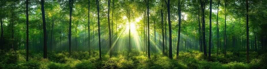 Fototapeta premium Sunlight streaming through tall green trees in a dense forest with lush undergrowth creating a peaceful and refreshing atmosphere
