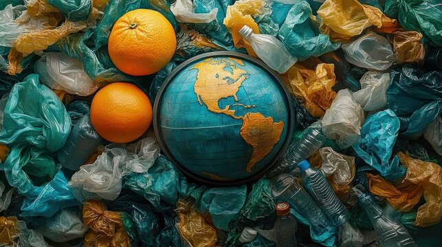 Globe representing Earth surrounded by plastic waste including bags and bottles alongside two oranges symbolizing environmental pollution and waste impact