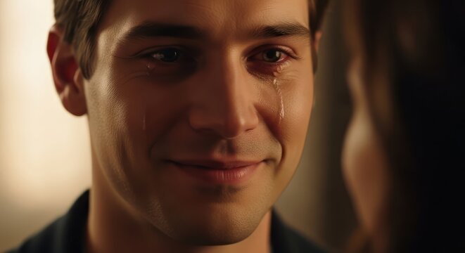 Emotional moment captured: A man's tearful expression in soft focus conveys deep feelings,