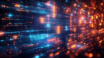 Abstract digital data stream with glowing orange and blue lights creating a futuristic, dynamic tunnel effect