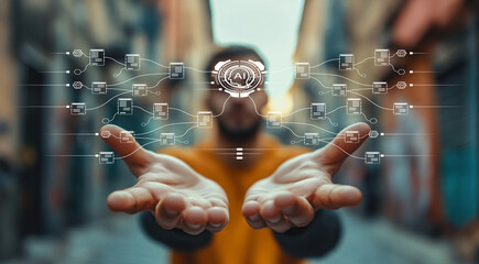 Man in urban setting with outstretched hands showcasing artificial intelligence visualizations and digital connections in a blurred street background