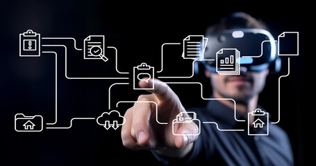 Man Interacting with Augmented Reality Interface Showing Digital Documents and Data Flow in a Virtual Space with Modern Technology Concept