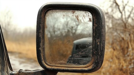 Close-up of a rusty, weathered side mirror of a vehicle reflecting a blurred old car and dry, leafless trees in a muted outdoor environment