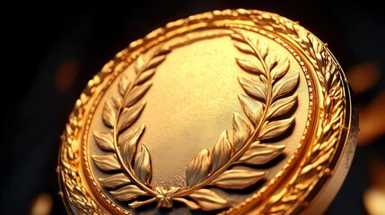 close-up of a shiny golden medal with embossed laurel wreath design symbolizing achievement and victory