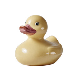 A Yellow Ceramic Rubber Duck With A Detailed Beak And Painted Eyelashes On A Transparent Background