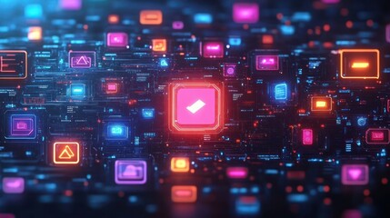 Glowing digital icons floating over a dark futuristic circuit board representing data flow and technology connectivity