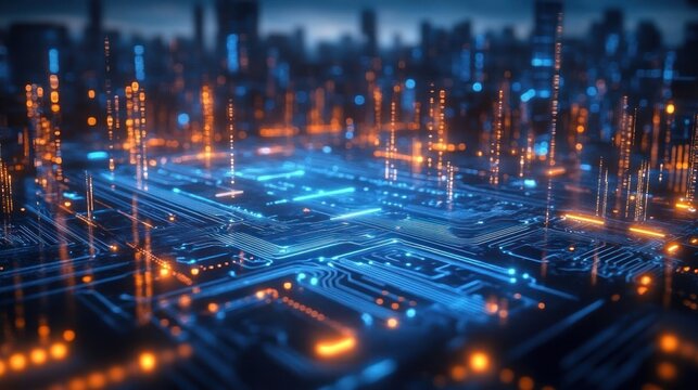 Futuristic digital circuit board illuminated with blue and orange glowing pathways resembling a modern cityscape at night