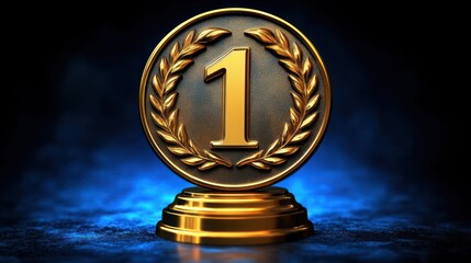 Shiny golden first place medal with laurel wreath standing on a pedestal against a dark blue background