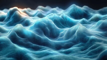 Abstract digital landscape of blue mesh waves resembling ocean or mountain terrain with soft lighting and depth effect