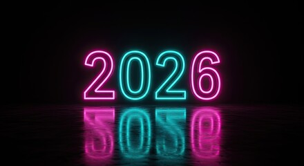 Glowing Neon 2026 Sign Reflecting on Dark, Wet Surface, Futuristic New Year