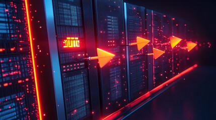 Bright glowing arrows shoot through a row of dark server racks emitting blue and red lights in a high-tech data center environment