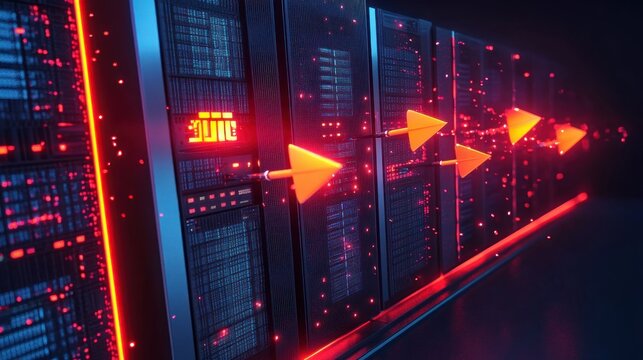 Bright glowing arrows shoot through a row of dark server racks emitting blue and red lights in a high-tech data center environment
