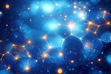 Glowing interconnected hexagonal network with bright nodes and a luminous, dynamic, futuristic digital background in shades of blue and orange