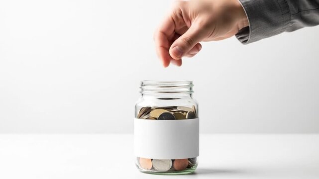 A person's hand is dropping coins into a glass jar filled with money, symbolizing saving and financial growth.