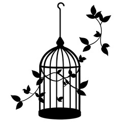 Black silhouette of a birdcage adorned with vines and leaves