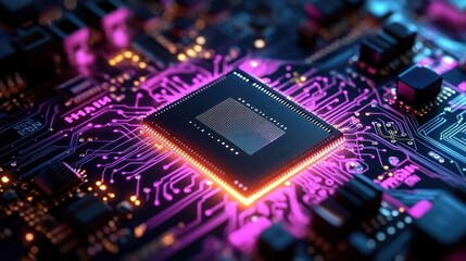 Close-up view of a glowing microchip on a computer circuit board with intricate neon purple and orange circuitry and electronic components under vibrant lighting