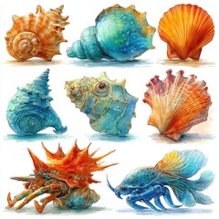 Image of Watercolor seashells and sea creatures including crabs and starfish isolated on white background. Marine ocean clipart set with delicate hand painted style, nautical decoration printed on Printed Glass Basin Splashbacks