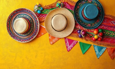 Three traditional colorful straw hats hanging on a bright yellow textured wall with a vibrant woven cloth and multi-colored triangular fabric banners festive decoration