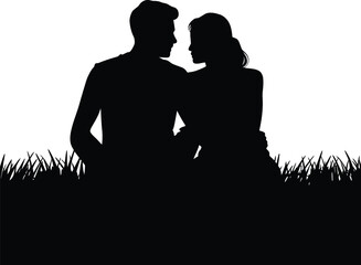 Couple embracing in grass silhouette embrace love