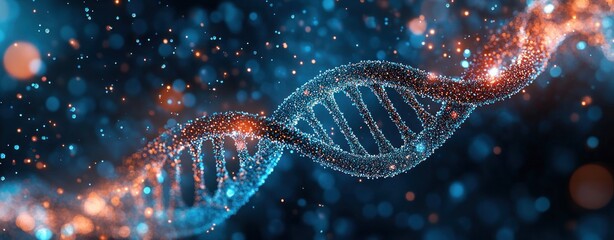 Close-up view of a 3D glowing double helix DNA strand with blue and orange particles floating in a dark space background