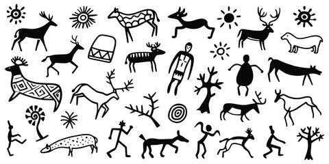Set petroglyphs, rock paintings, isolated on white background, naive art, vector design