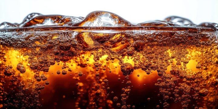 Close-up of a carbonated dark soda with rising bubbles and foam on the surface against a bright background - Powered by Adobe