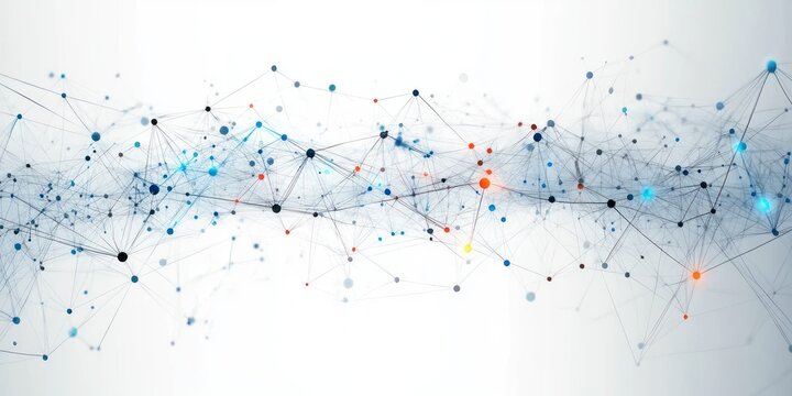 Abstract network of interconnected multicolored nodes and thin lines on a light background representing data connections or communication flow