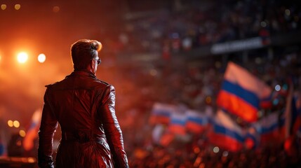 Obraz premium A person in a leather jacket stands before a crowd waving flags, bathed in warm stage light. From the back, the figure looks out into the audience