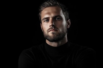 Obraz premium Portrait of a serious bearded man wearing a black turtleneck against a dark background