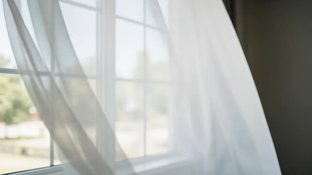 A gentle breeze blows a sheer white curtain in front of a sunlit window.