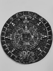 Black and white photo of an ancient Aztec calendar stone, richly decorated with detailed carvings and symbolic patterns. The monochrome tones highlight the textures and shadows, emphasizing the mystic