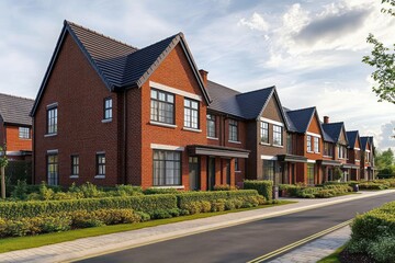 Row of modern red brick houses with dark grey roofs and large windows along a quiet street under a partly cloudy sky