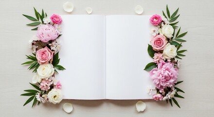 Flat lay of an open notebook with blank pages framed by fresh pink peonies, roses, and green leaves.